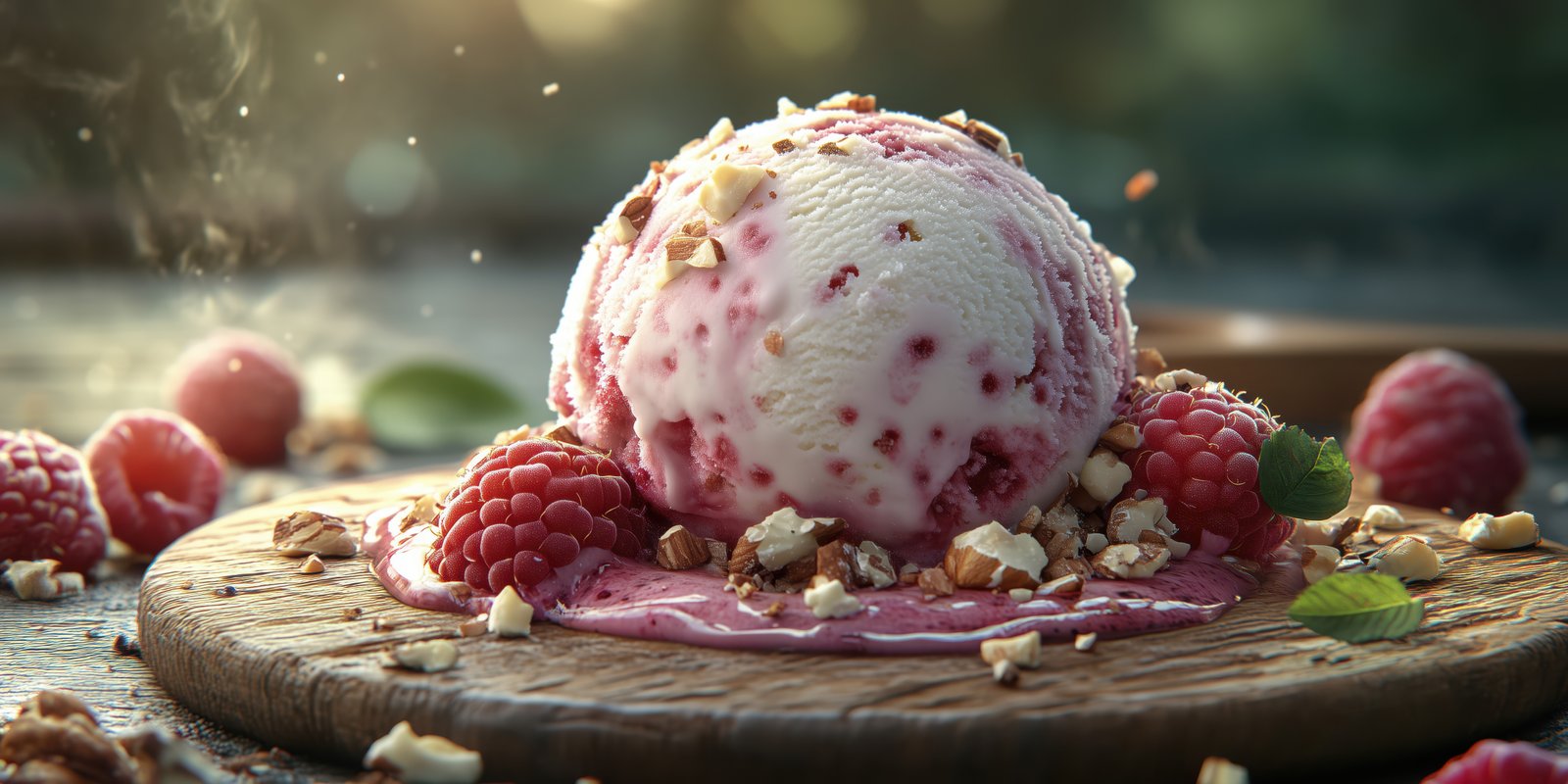 Delicious scoop of raspberry ice cream topped with nuts and fresh raspberries on a wooden board